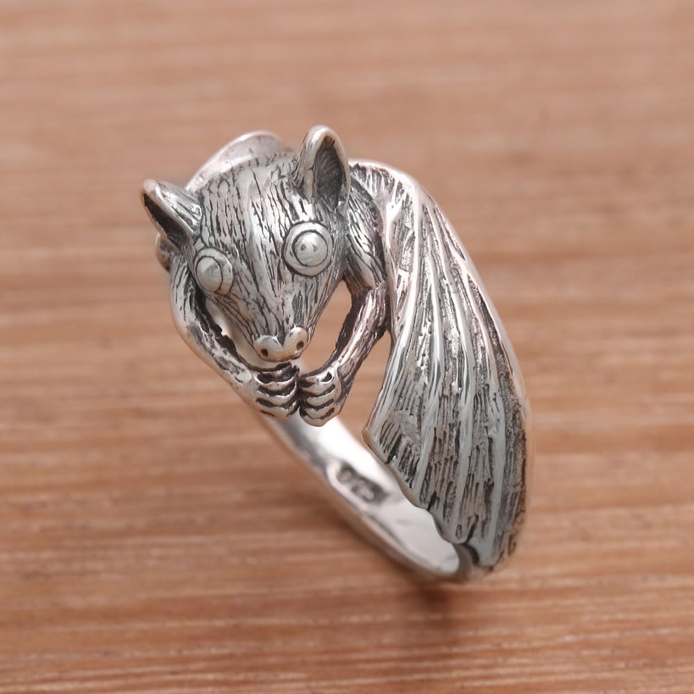 NOVICA Artisan Handcrafted Sterling Silver Cocktail Ring Bat from Bali No Stone Indonesia Animal Themed Halloween [ring Front 0.5 in L x 0.8 in W x 0.4 in H Band Width 2 mm W] ' Beautiful Bat'