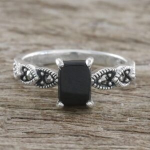 NOVICA Artisan Handmade Onyx Cocktail Ring Sterling Silver Starry Midnight Black Marcasite Grey Thailand Gemstone Birthstone [ring Front 0.3 in L x 0.2 in W Band Width 4 mm W] ' Starry Midnight'