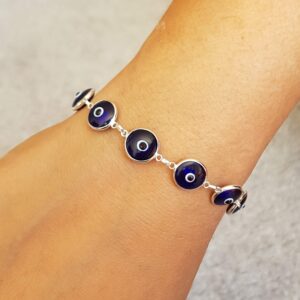 MYSTIC JEWELS by Dalia - Sterling Silver Classic Evil Eye Bracelet, 7.5 inch, Protection for Good Luck (Navy Blue)