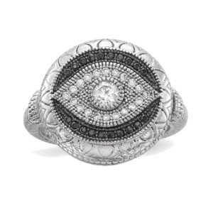 Bonyak Jewelry Solid Sterling Silver Rhodium-plated Black and White CZ Evil Eye Ring in Size 7