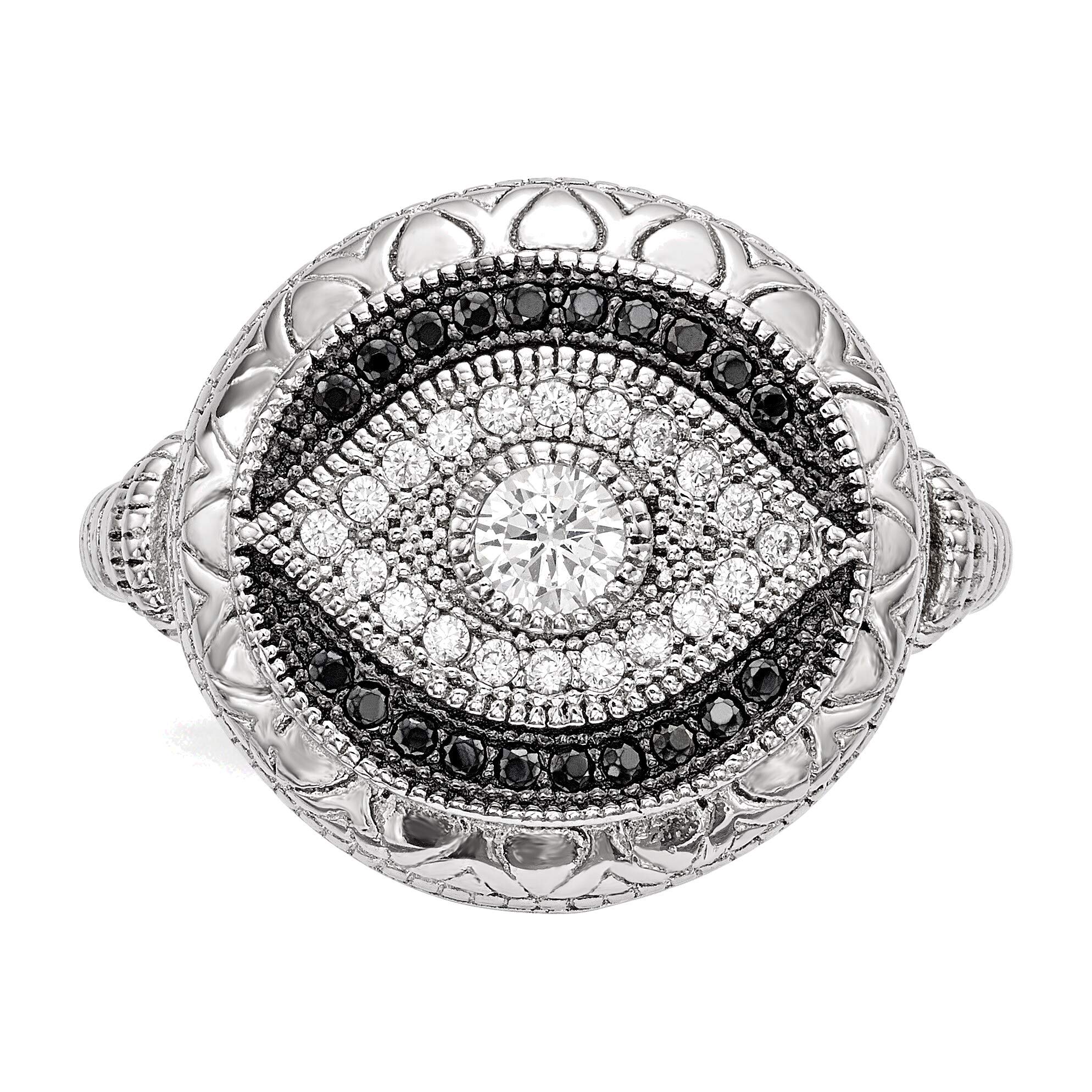 Bonyak Jewelry Solid Sterling Silver Rhodium-plated Black and White CZ Evil Eye Ring in Size 7