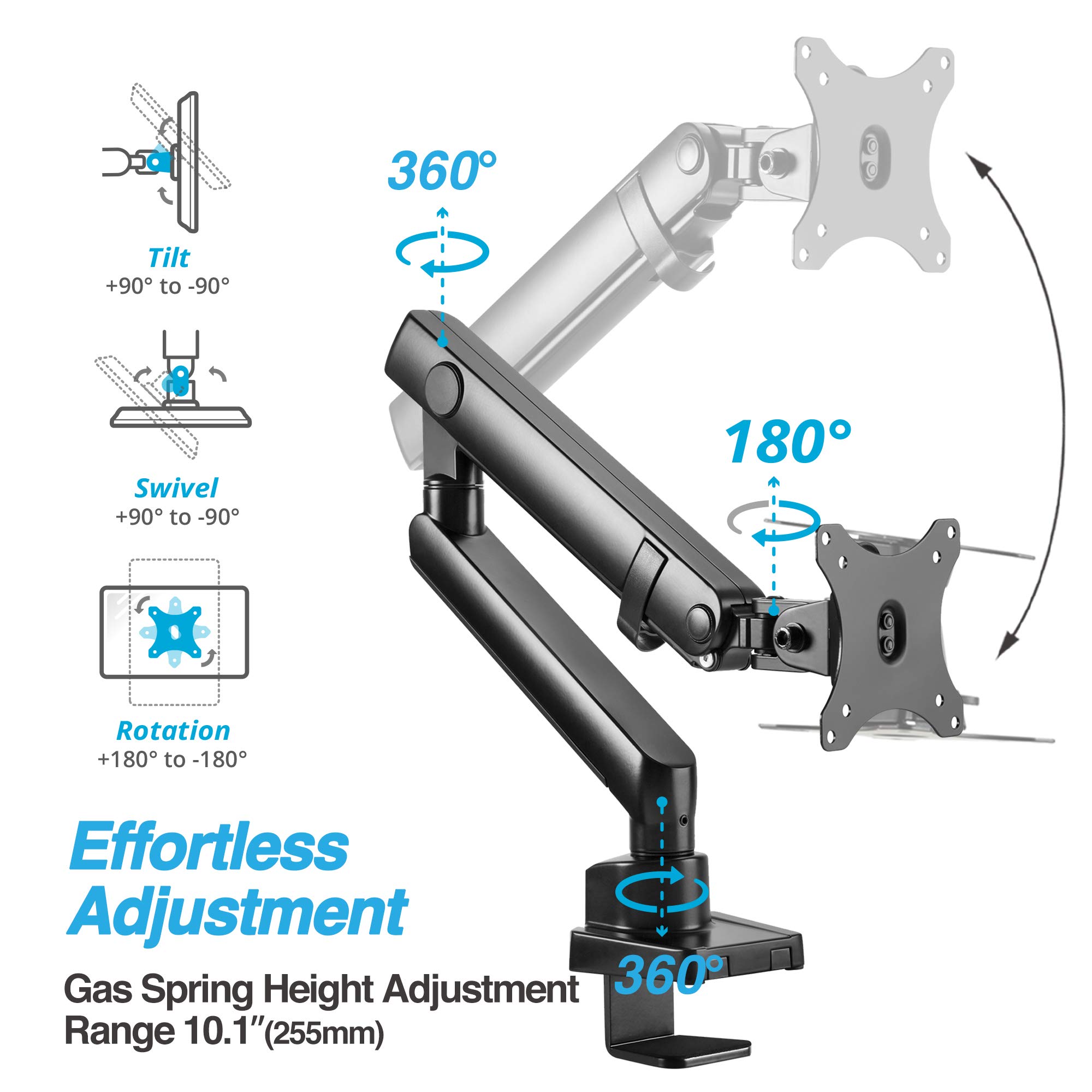 AVLT Single 13"-32" Monitor Arm Desk Mount fits One Flat/Curved/Ultrawide Monitor Full Motion Height Swivel Tilt Rotation Adjustable Monitor Arm - VESA/C-Clamp/Grommet/Cable Management