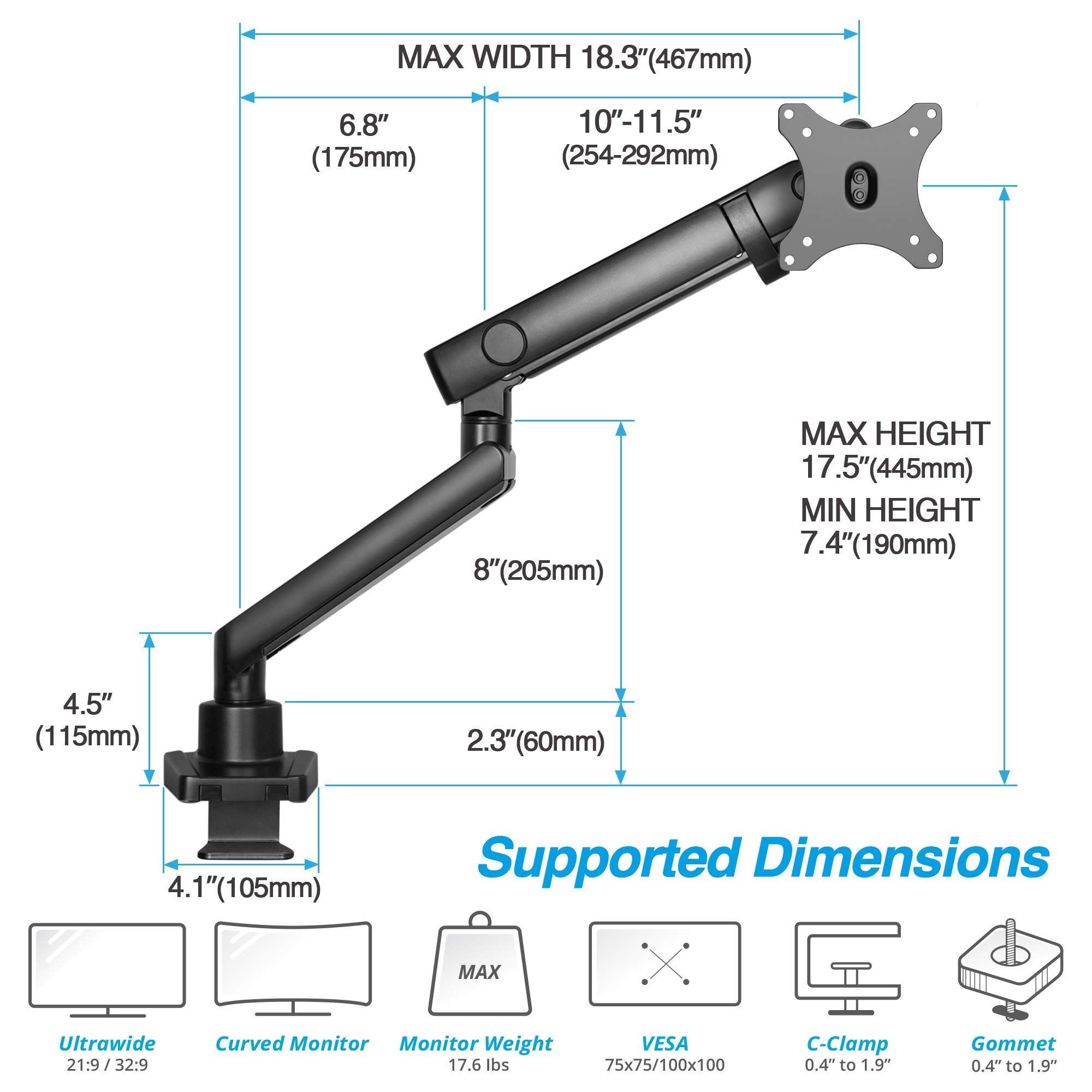 AVLT Single 13"-32" Monitor Arm Desk Mount fits One Flat/Curved/Ultrawide Monitor Full Motion Height Swivel Tilt Rotation Adjustable Monitor Arm - VESA/C-Clamp/Grommet/Cable Management