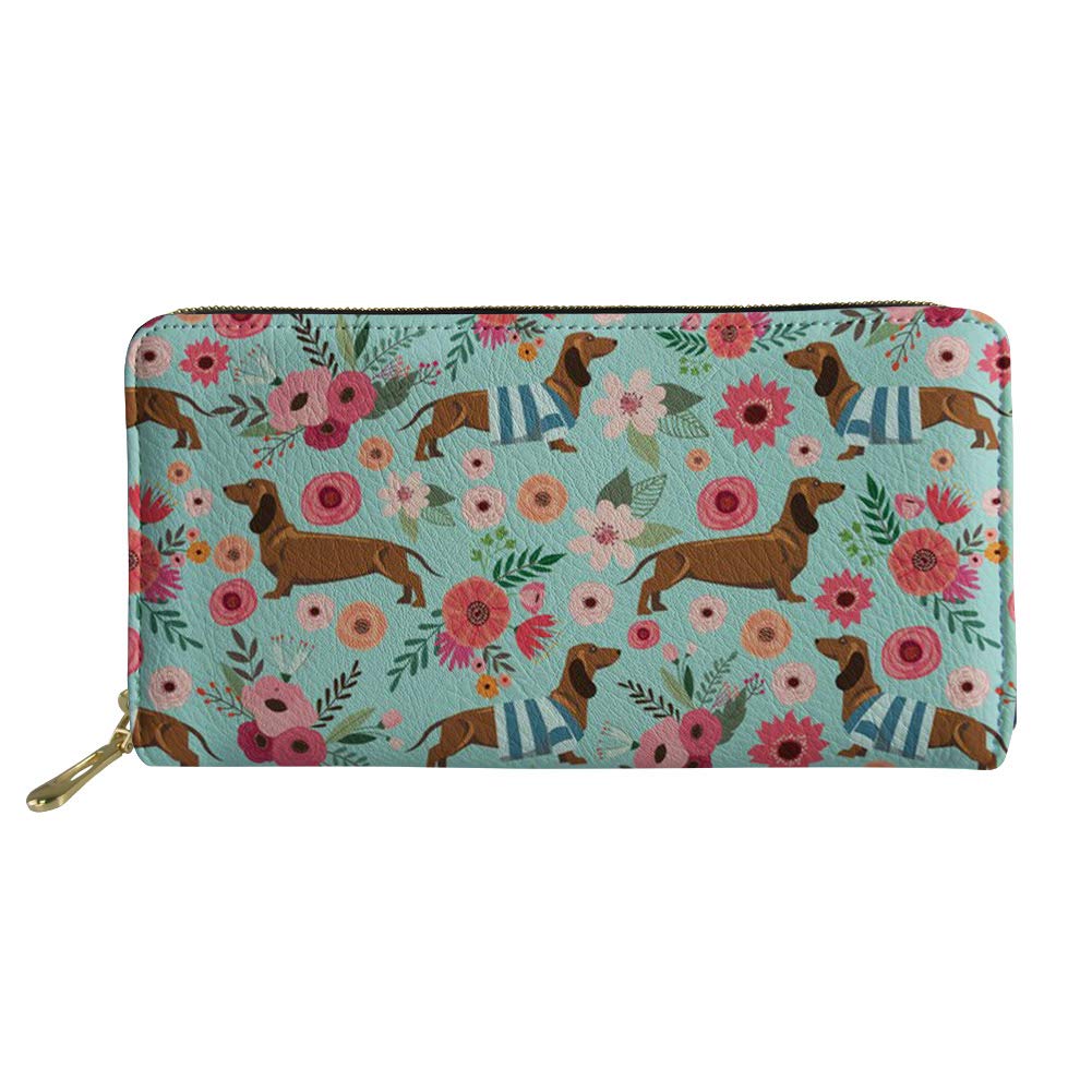 Women's Ladies Wallets Large Capacity Floral Dachshund Leather Wallet Card Holder Mint Green