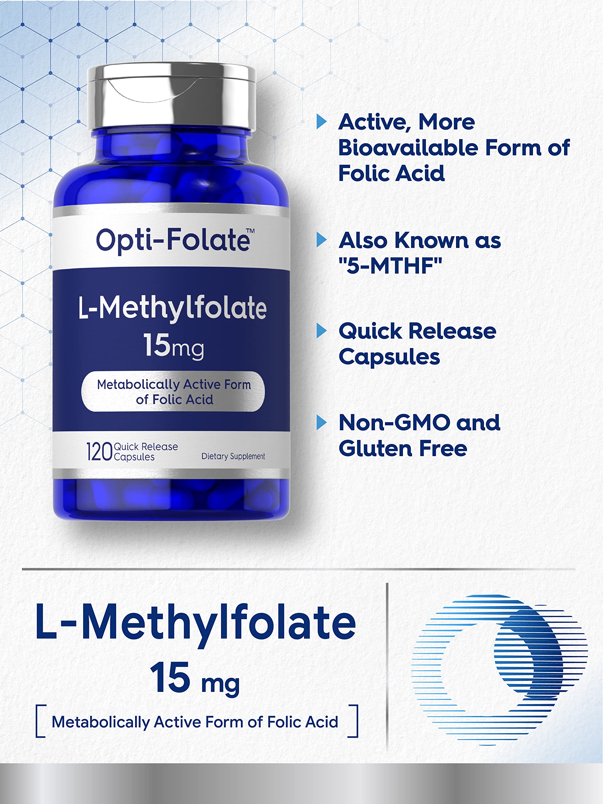 Carlyle L Methylfolate 15mg | 120 Capsules | Value Size | Max Potency | Optimized and Activated | Non-GMO, Gluten Free | Methyl Folate, 5-MTHF | by Opti-Folate