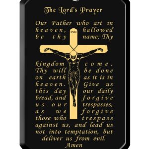 Lord's Prayer Crucifix Cross Necklace Onyx Dog Tag Pendant 24k Gold Inscribed, 20" 925 Sterling Silver