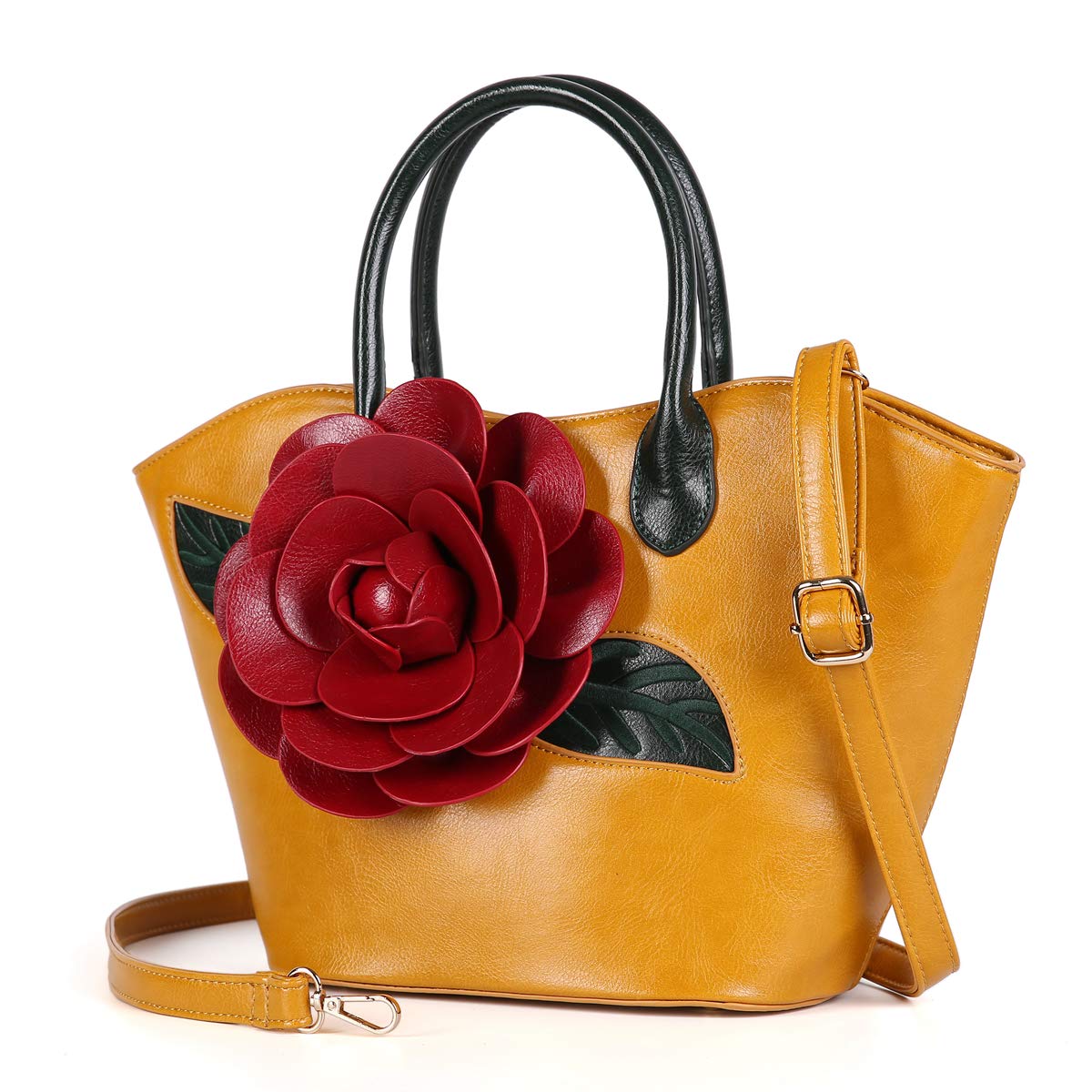 VANILLACHOCOLATE Women Purse Large Rose Flower Handbag Faux Leather Tote Bag (Yellow)