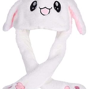 CNHNGTS Funny Plush Bunny Moving/Jumping Rabbit Cute Unisex Animal Ear Flap Hat with Paws for Women Girls, White, One Size