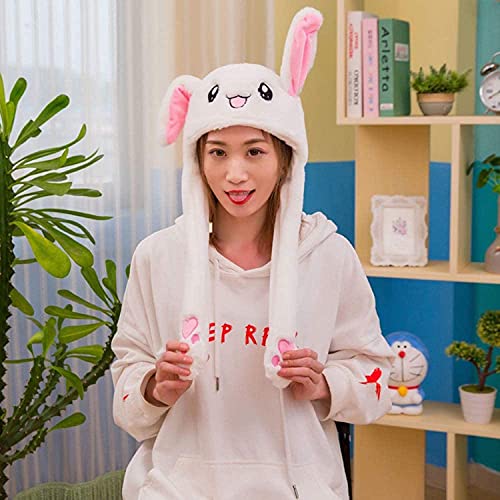 CNHNGTS Funny Plush Bunny Moving/Jumping Rabbit Cute Unisex Animal Ear Flap Hat with Paws for Women Girls, White, One Size