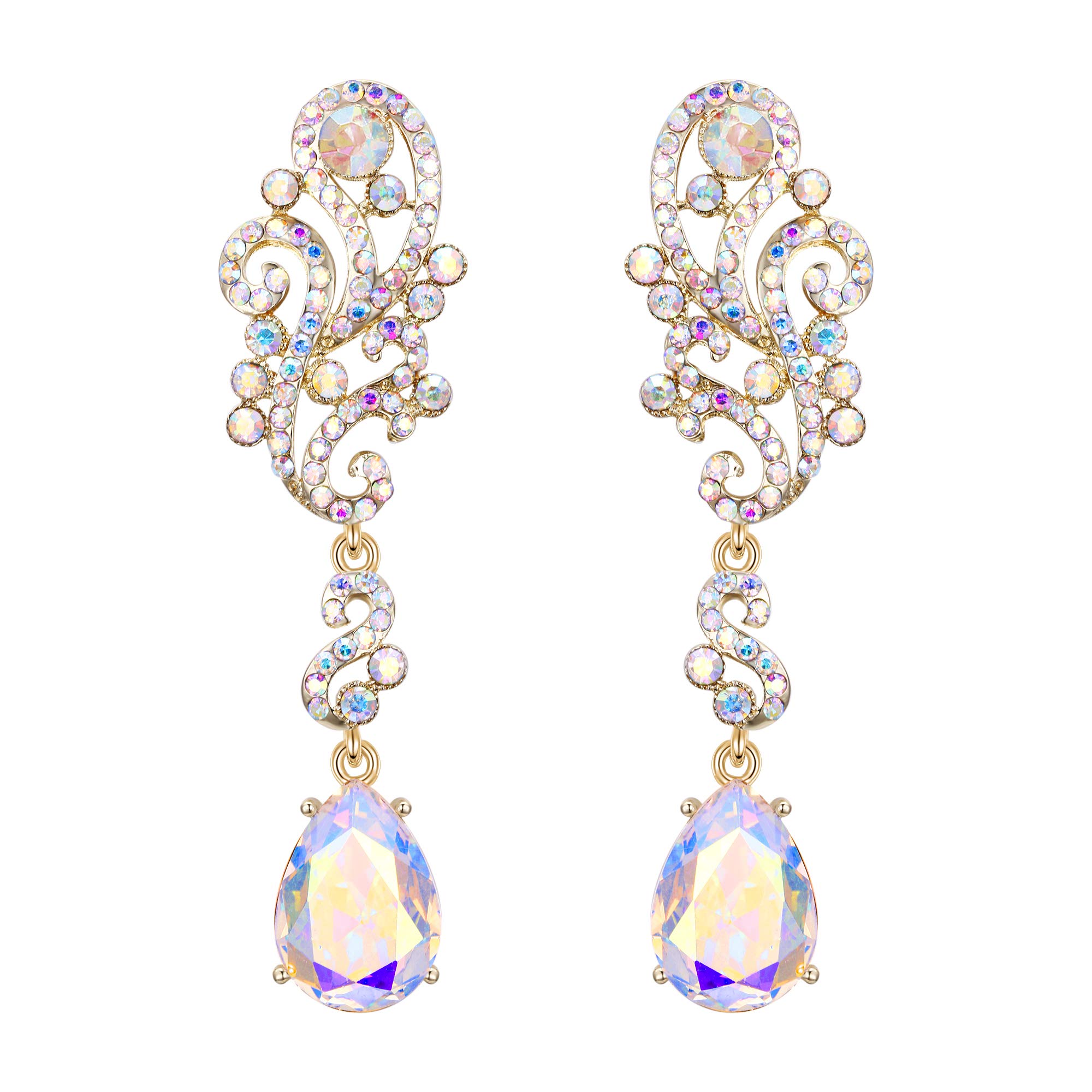 BriLove Wedding Bridal Dangle Earrings for Women Crystal Floral Scroll Chandelier Earrings Iridescent AB Gold-Toned