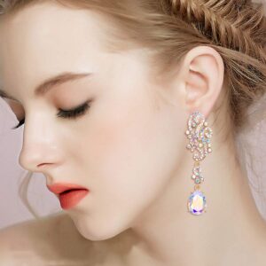 BriLove Wedding Bridal Dangle Earrings for Women Crystal Floral Scroll Chandelier Earrings Iridescent AB Gold-Toned