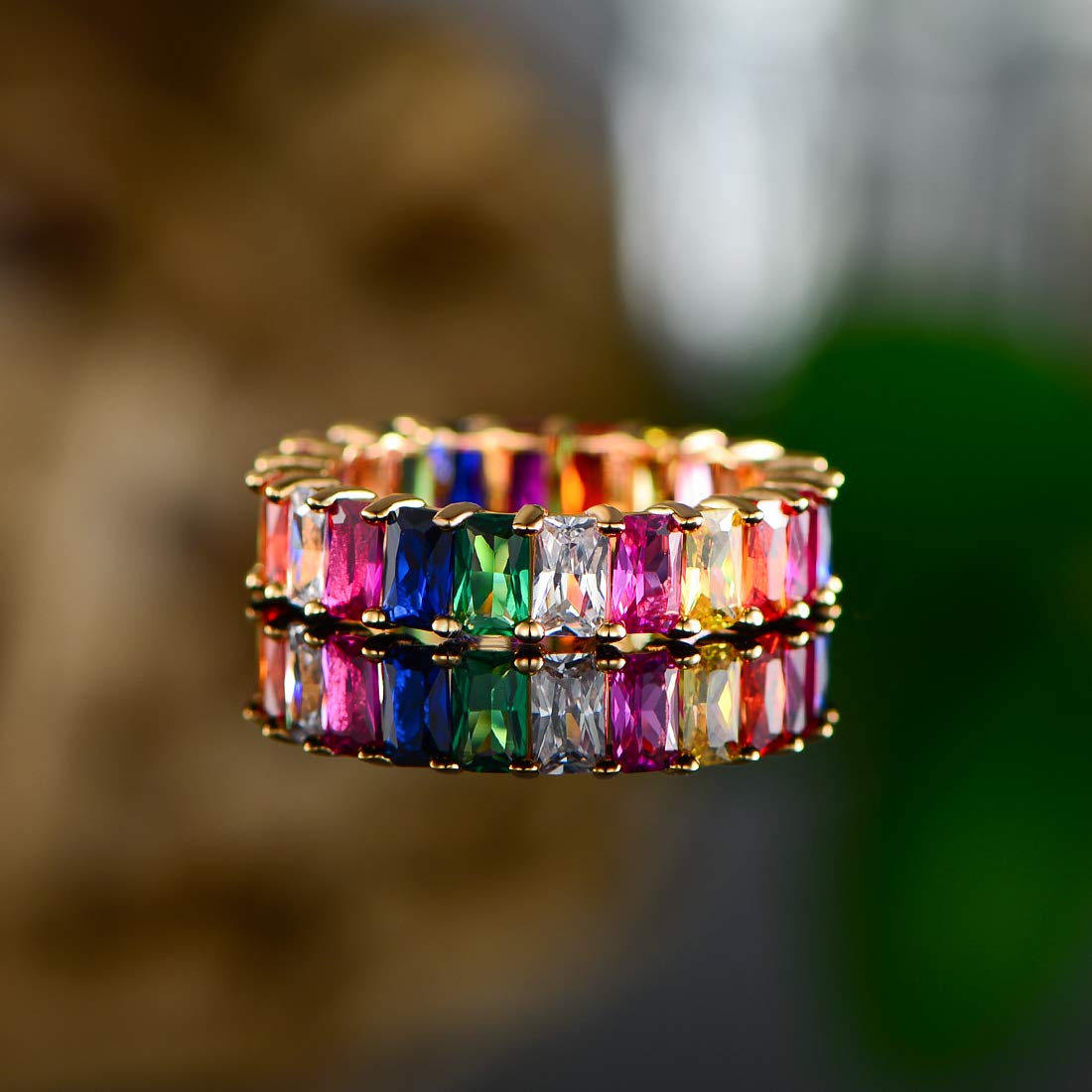 Eternity Rainbow Ring Wedding Band for Women | 18K Gold Plated Emerald-Cut Rainbow Multi Color Created-Gemstone Eternity Ring (Gold, 8)