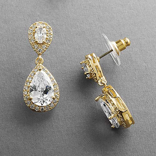 Mariell Gold Cubic Zirconia Crystal Teardrop Dangle Bridal and Wedding Earrings, CZ Jewelry for Brides, Bridesmaids, Homecoming, Prom and Dressy Everyday Wear