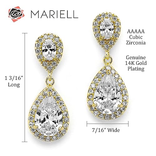 Mariell Gold Cubic Zirconia Crystal Teardrop Dangle Bridal and Wedding Earrings, CZ Jewelry for Brides, Bridesmaids, Homecoming, Prom and Dressy Everyday Wear