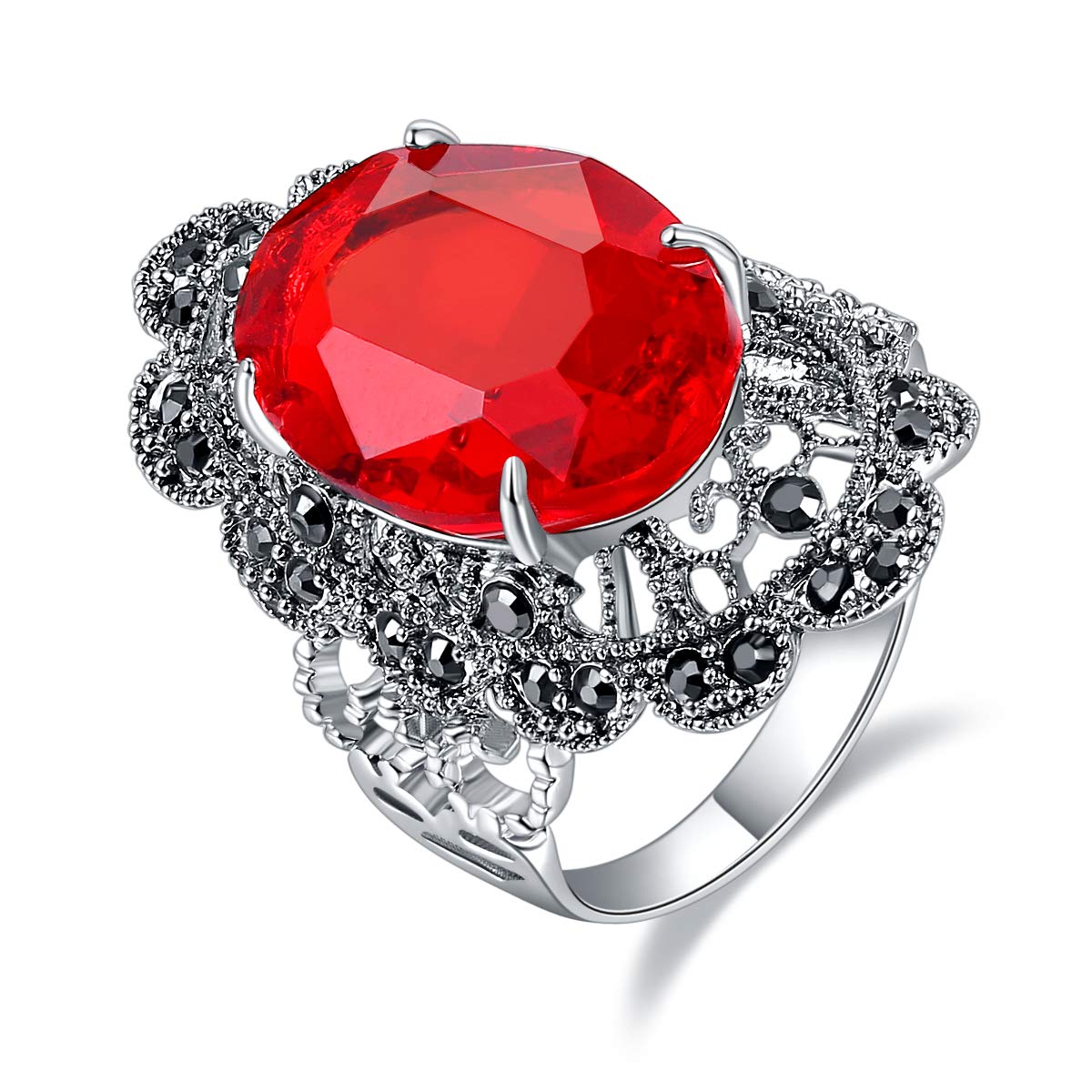 Ajojewel Big Oval Crystal Red Rings For Women Hollow Out Flower Design Finger Jewelry Vintage Anel (Red, 9)