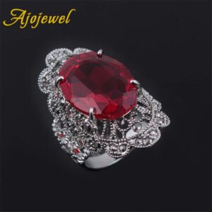 Ajojewel Big Oval Crystal Red Rings For Women Hollow Out Flower Design Finger Jewelry Vintage Anel (Red, 9)