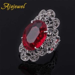 Ajojewel Big Oval Crystal Red Rings For Women Hollow Out Flower Design Finger Jewelry Vintage Anel (Red, 9)