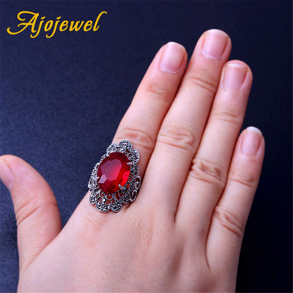 Ajojewel Big Oval Crystal Red Rings For Women Hollow Out Flower Design Finger Jewelry Vintage Anel (Red, 9)