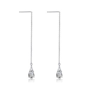 Threader Earrings Sterling Silver Teardrop Drop Pull Through Threader Earrings with Cubic Zirconia