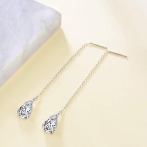 Threader Earrings Sterling Silver Teardrop Drop Pull Through Threader Earrings with Cubic Zirconia