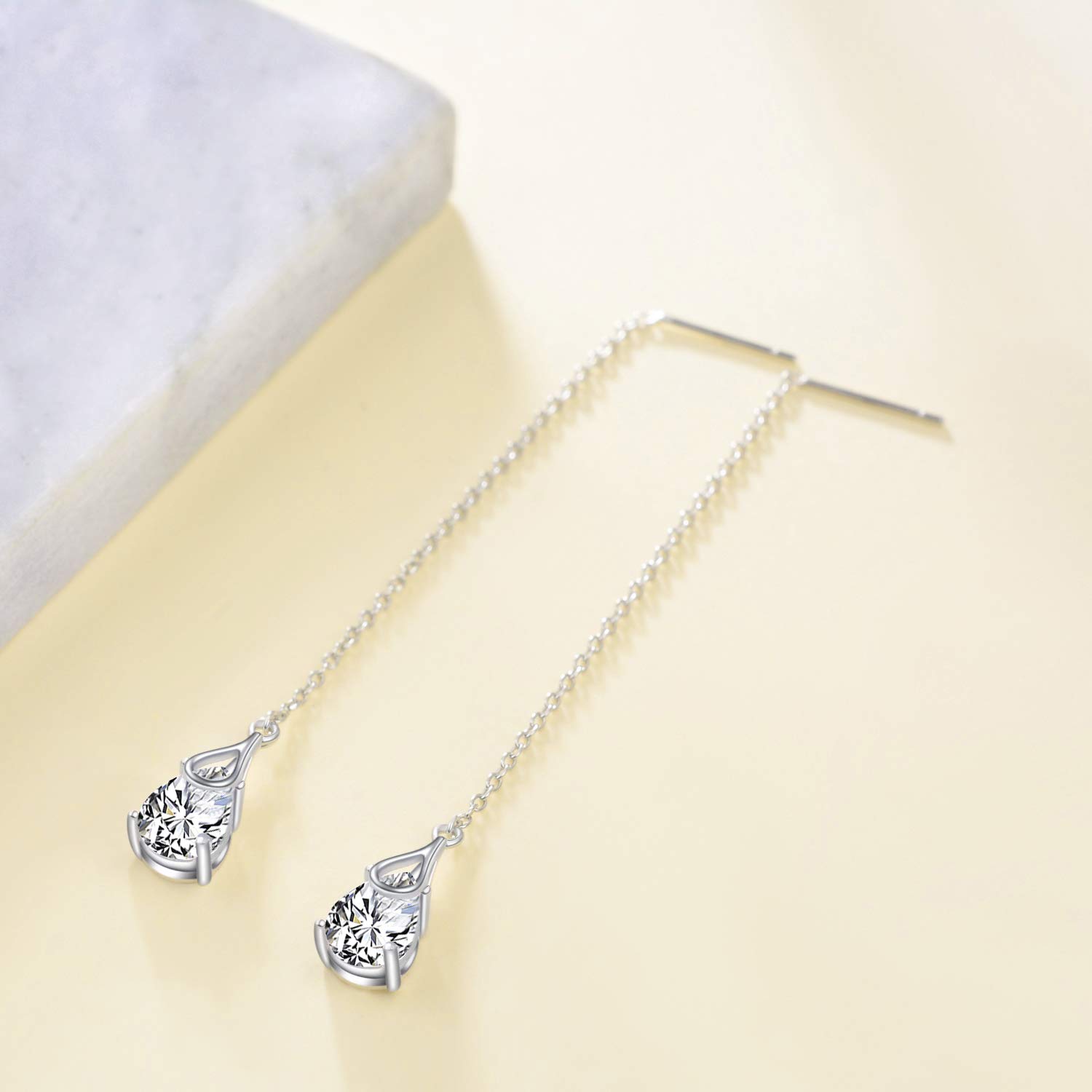 Threader Earrings Sterling Silver Teardrop Drop Pull Through Threader Earrings with Cubic Zirconia