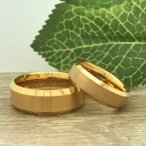 K & Co. 8mm/6mm Yellow Gold Plated Tungsten Wedding Ring, Personalized Couples Ring Set, His and Hers Tungsten Ring, Anniversary Rings TCR519 (Inside Engraving)