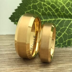 K & Co. 8mm/6mm Yellow Gold Plated Tungsten Wedding Ring, Personalized Couples Ring Set, His and Hers Tungsten Ring, Anniversary Rings TCR519 (Inside Engraving)