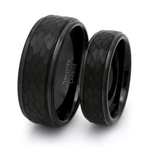 8mm/6mm His and Hers Black Tungsten Ring, Personalized Tungsten Rings, Hammered Tungsten Rings, Anniversary Rings TCR496 (With Inside Engraving)