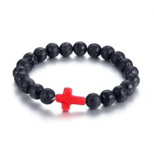 Fashion Month Volcanic Energy Lava Stone Black Red Cross Charm Bracelets for Women Men Yoga Beads Couple Jewelry Stretch