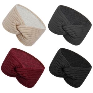 warm winter headbands for women cable crochet turban ear warmer headband gifts with plush, kont multicolour 1(4 pack)