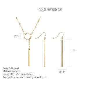 Dcfywl731 Minimal Dainty Gold Plated Dangle Earrings Layered Bar Pendant Neckalce Gold Long Y-Necklace Gold Earrings and Necklaces Set Delicate Lariat Chain Jewelry for Women