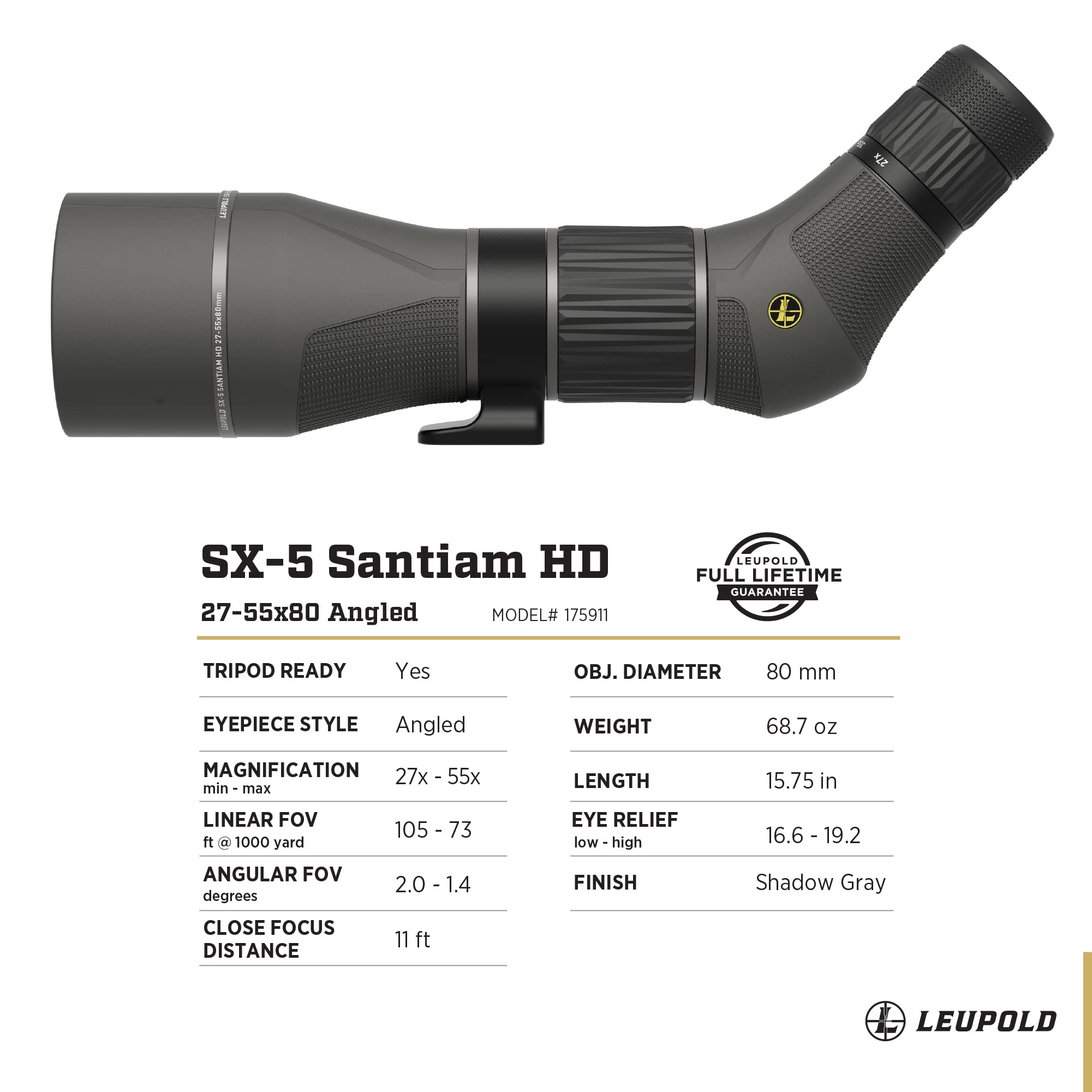 Leupold SX-5 Santiam HD 27-55x80mm Spotting Scope - Angled Eyepiece