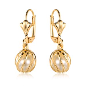 Barzel 18K Gold Plated Pearl Drop Earrings Caged (ER308)