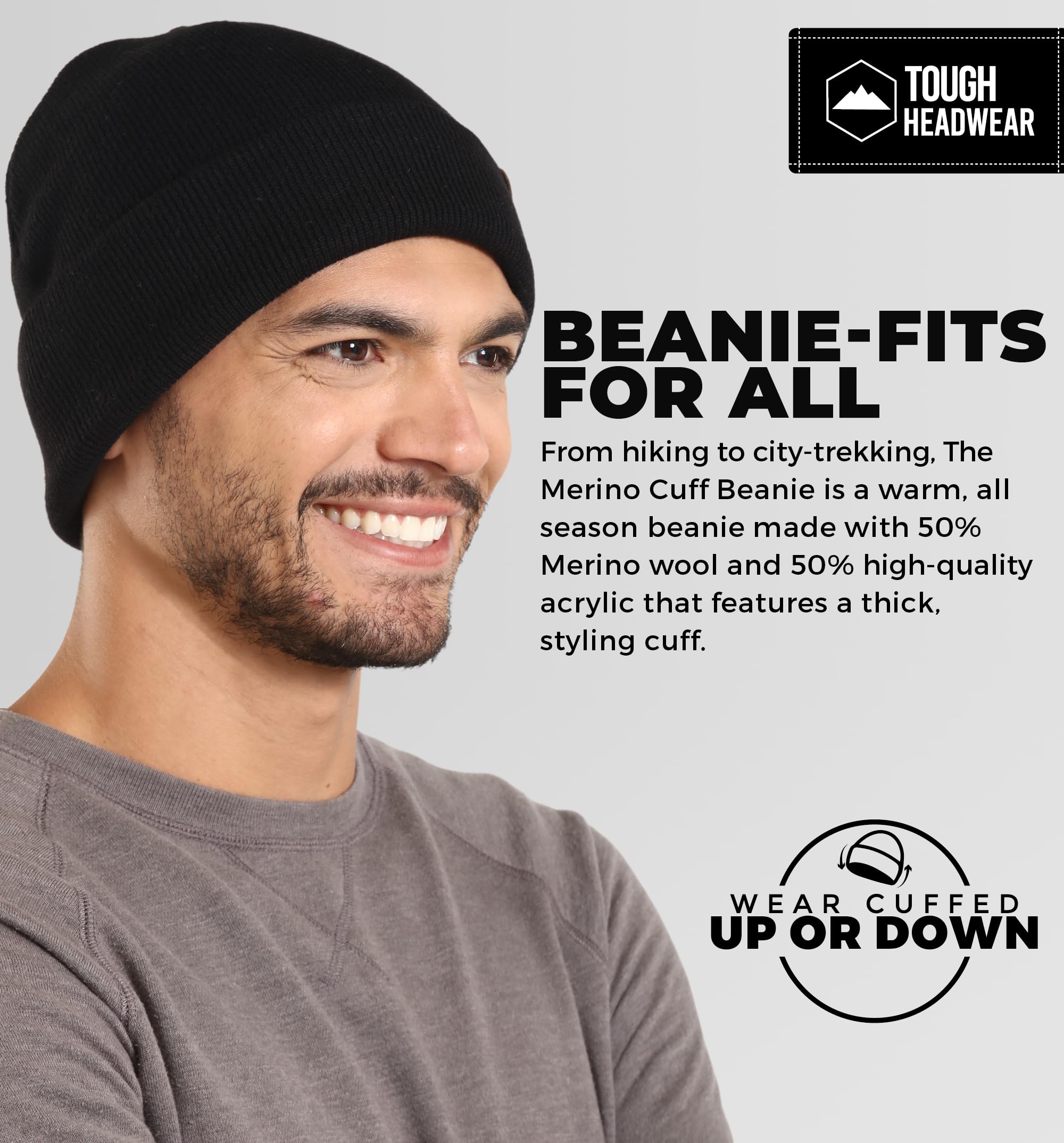 Tough Headwear Merino Wool Beanie for Men - Womens Wool Hat - Beanie Hats - Tobboggan Hat - Mens Winter Hat for The Cold