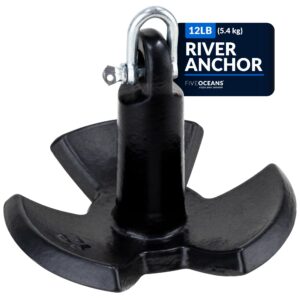 Five Oceans River Anchor, 12 Lb / 5.5 Kg, Cast Iron Black PVC Vinyl Coated, Ideal for Pontoon and Bass Boats, Excellent Holding Power in River and Mud Bottom Lakes - FO4301