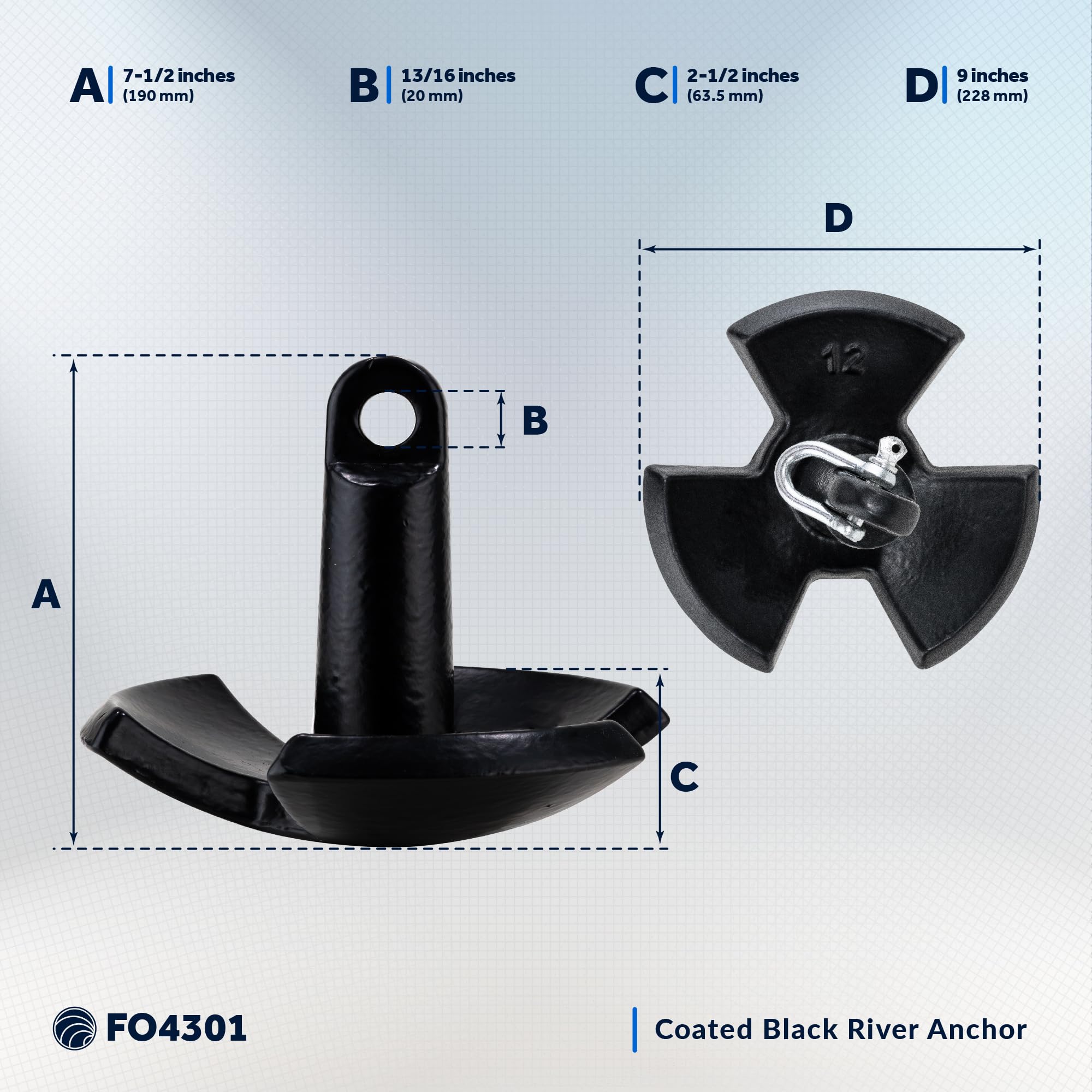 Five Oceans River Anchor, 12 Lb / 5.5 Kg, Cast Iron Black PVC Vinyl Coated, Ideal for Pontoon and Bass Boats, Excellent Holding Power in River and Mud Bottom Lakes - FO4301