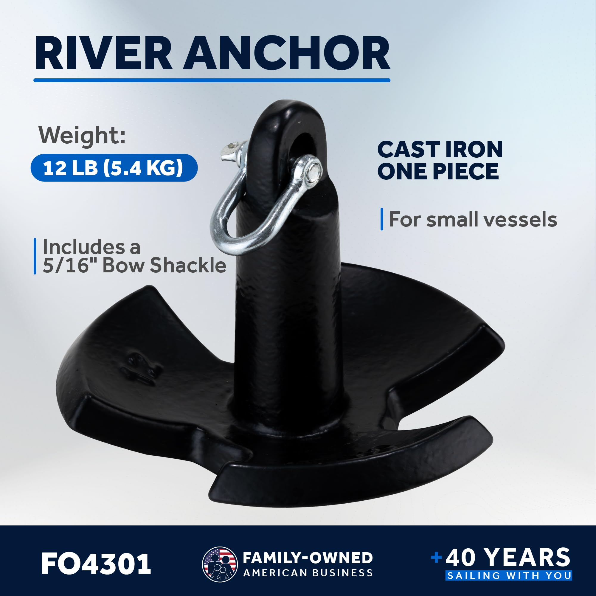 Five Oceans River Anchor, 12 Lb / 5.5 Kg, Cast Iron Black PVC Vinyl Coated, Ideal for Pontoon and Bass Boats, Excellent Holding Power in River and Mud Bottom Lakes - FO4301