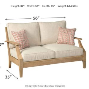 Signature Design by Ashley Clare View Coastal Outdoor Patio Eucalyptus Loveseat with Cushions, Beige