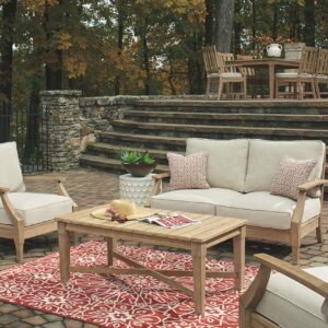 Signature Design by Ashley Clare View Coastal Outdoor Patio Eucalyptus Loveseat with Cushions, Beige