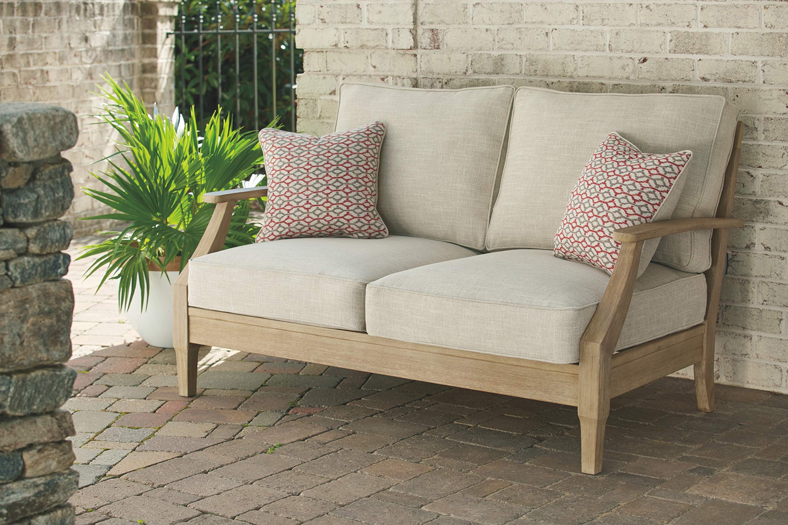 Signature Design by Ashley Clare View Coastal Outdoor Patio Eucalyptus Loveseat with Cushions, Beige