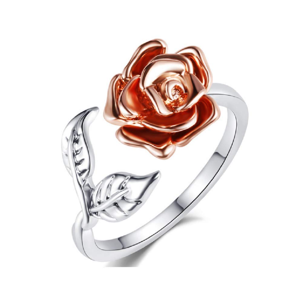 Womens Rose Flower Ring Leaf Adjustable Wrap Open Rings, Color Rose Gold/Silver