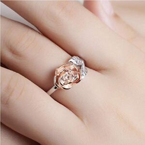 Womens Rose Flower Ring Leaf Adjustable Wrap Open Rings, Color Rose Gold/Silver