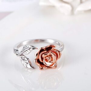 Womens Rose Flower Ring Leaf Adjustable Wrap Open Rings, Color Rose Gold/Silver