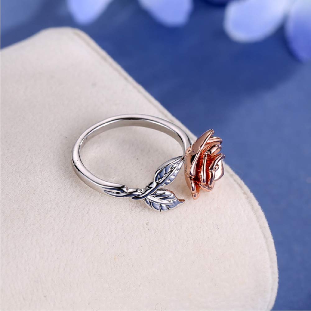 Womens Rose Flower Ring Leaf Adjustable Wrap Open Rings, Color Rose Gold/Silver