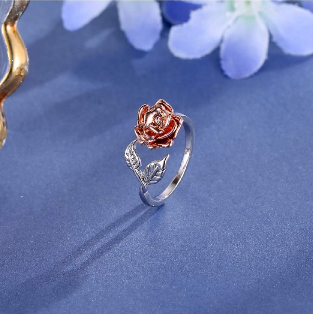 Womens Rose Flower Ring Leaf Adjustable Wrap Open Rings, Color Rose Gold/Silver