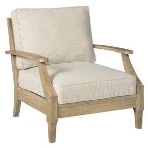 Signature Design by Ashley Clare View Outdoor Eucalyptus Wood Single Cushioned Lounge Chair, Beige