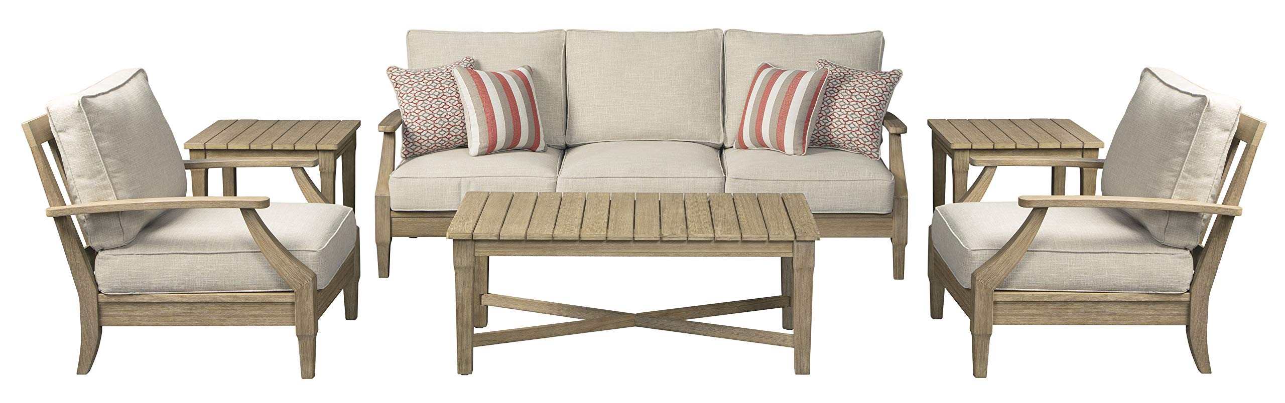 Signature Design by Ashley Clare View Outdoor Eucalyptus Wood Single Cushioned Lounge Chair, Beige