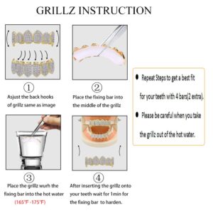 TOPGRILLZ 18K Gold Plated Iced Out Simulated Diamond Grillz Top and Bottom Grills for Your Teeth with Extra Molding Bars Hip Hop (Silver Set)