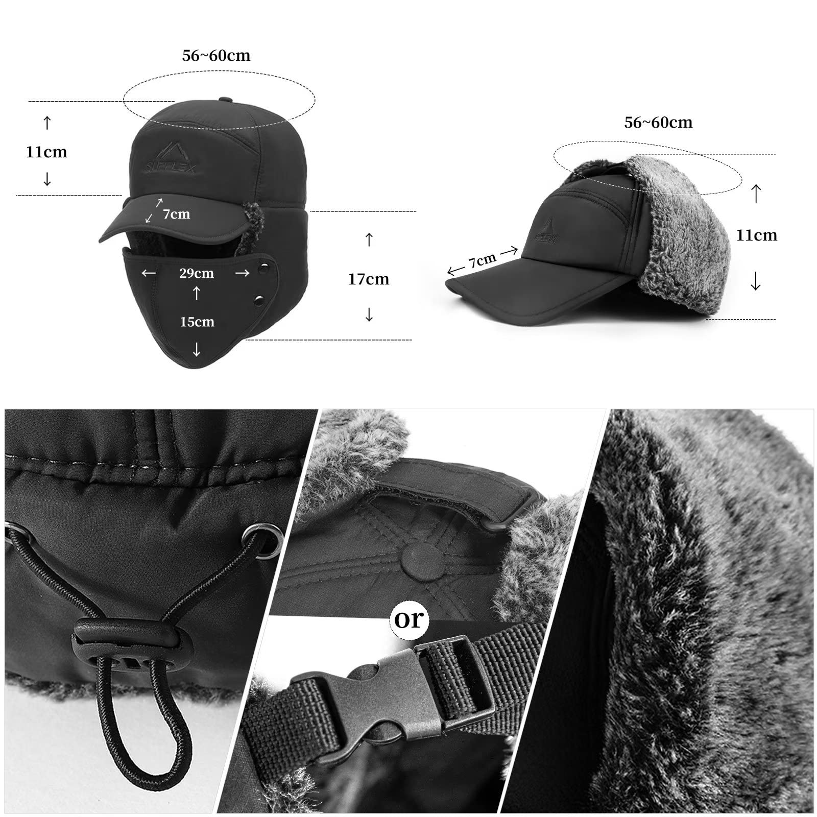 Winter Trapper Hats for Men Warm Trooper Hunting Hat with Ear Flaps Windproof Mask Ushanka Hat for Women in Color Black