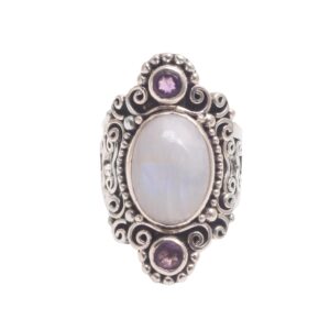 novica artisan handmade rainbow moonstone amethyst cocktail ring from bali sterling silver indonesia gemstone birthstone [ring front 1.2 in l x 0.6 in w x 0.3 in h band width 8 mm w] ' glimpse of